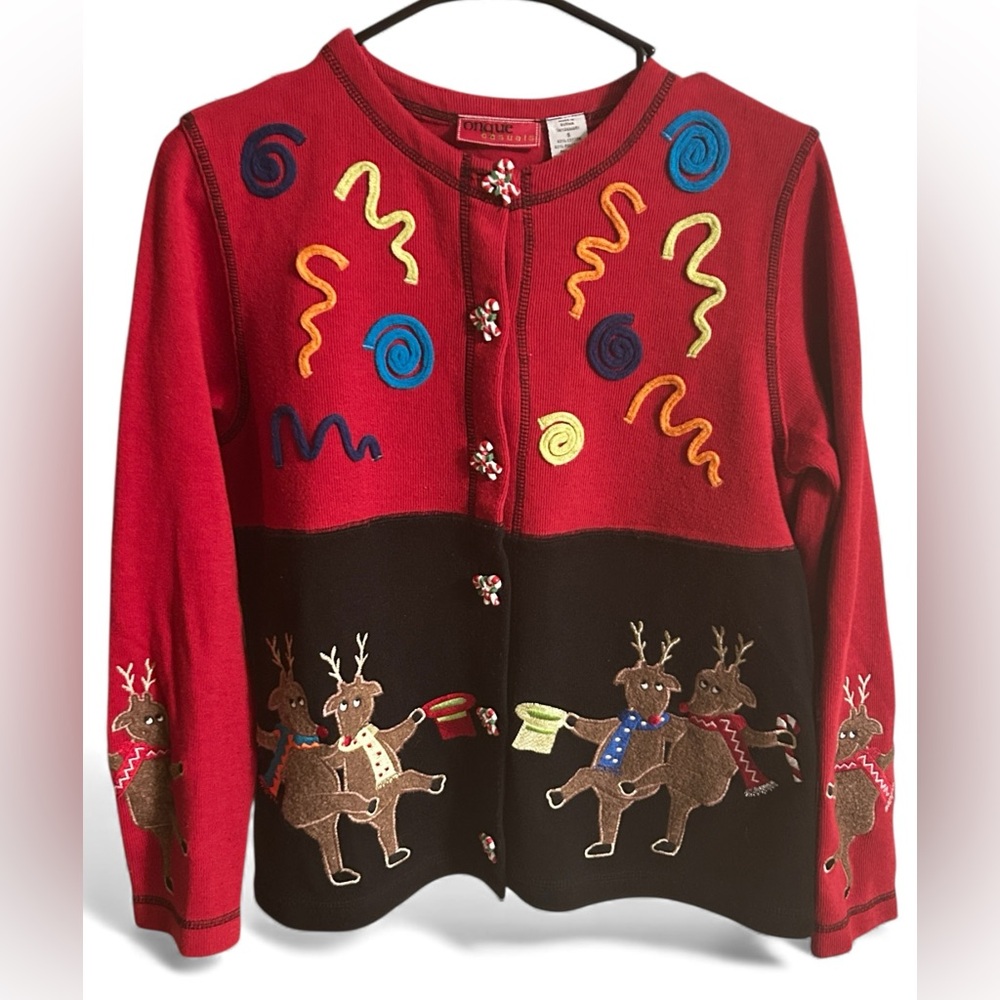 Women’s Christmas Cardigan Red Black Reindeer Embellished Onque Casuals  Small